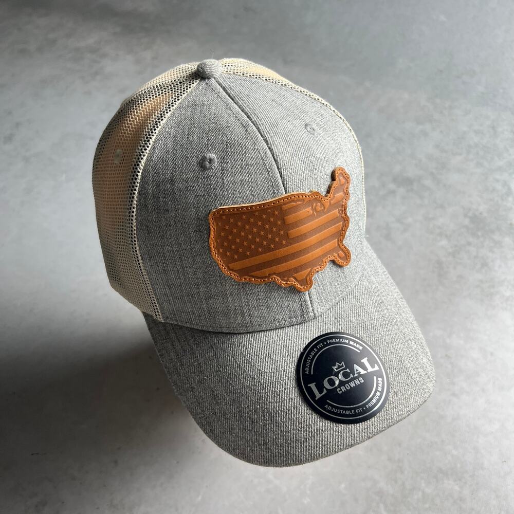 USA Leather Patch Trucker Heather Gray & Brown Snapback Cap Local Crowns NWT